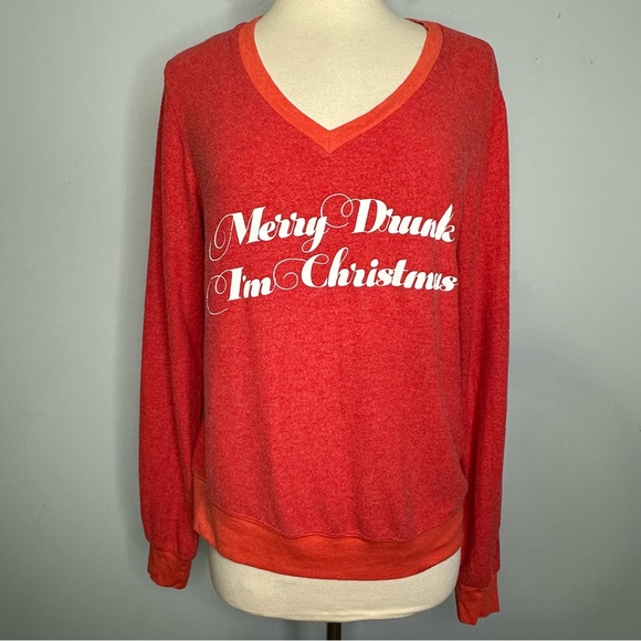 Wildfox Tops - Wildfox Red V-Neck Pullover “Merry Drunk I’m Christmas” Sweatshirt Size S